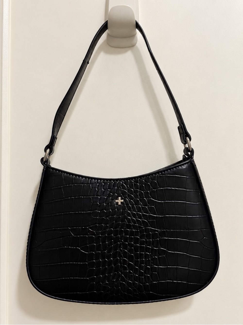 Peta + Jain Black Croc-Embossed Shoulder Bag with Silver Accent